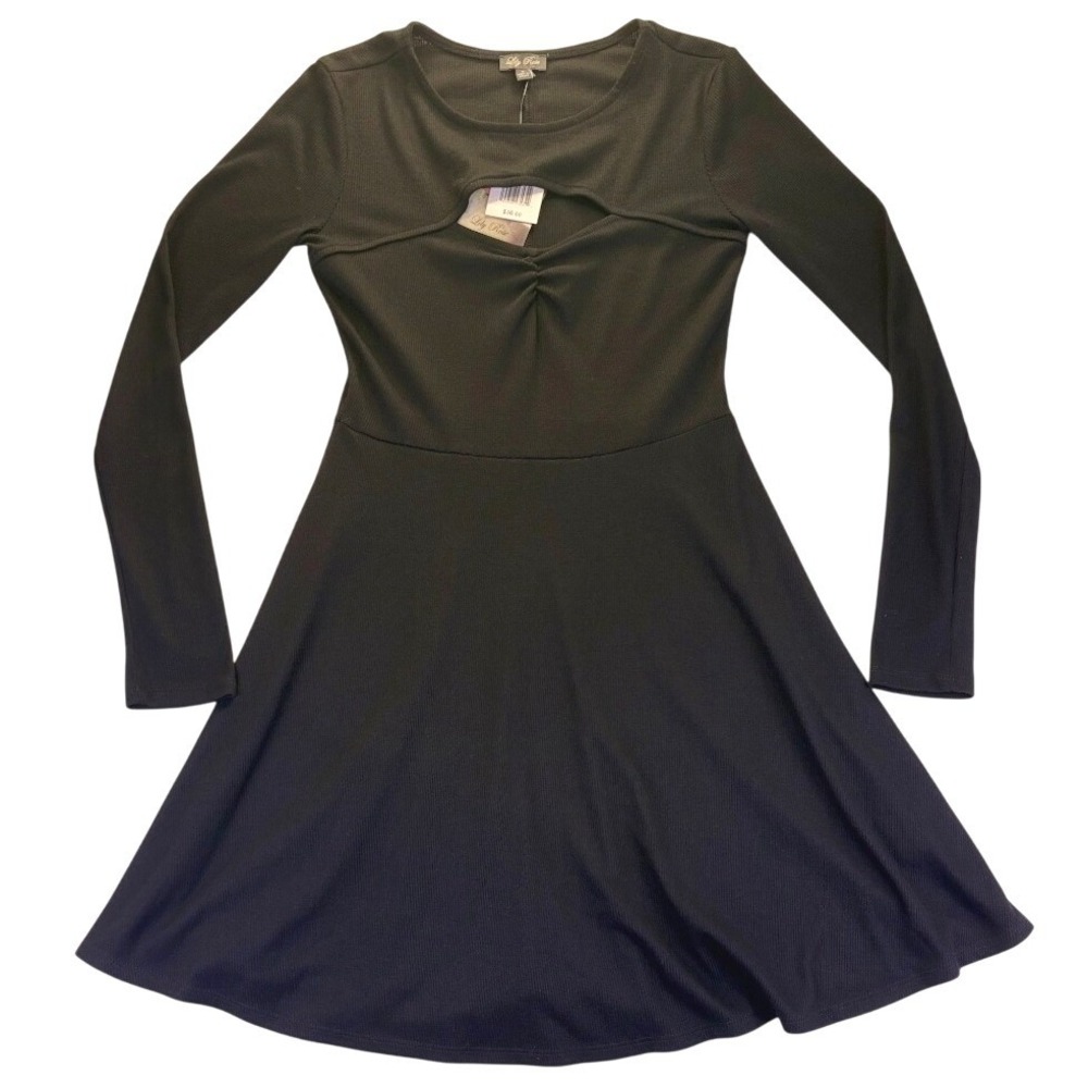 NWT Lily Rose Women's Black Ribbed Long Sleeve Cutout Skater Dress S LBD Chic